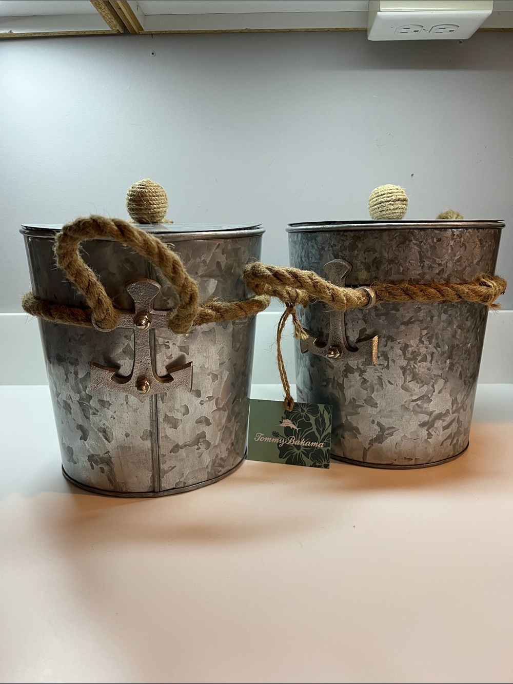 Tommy Bahama Rustic Galvanized Silver ice Buckets with Tan Rope Handles